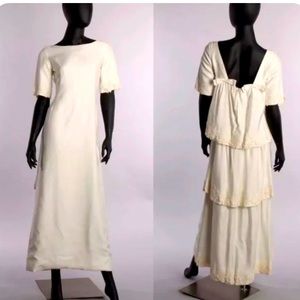 Vintage 1957 Emma Domb Short Sleeved Ivory Linen Tiered WEDDING Bridal Dress